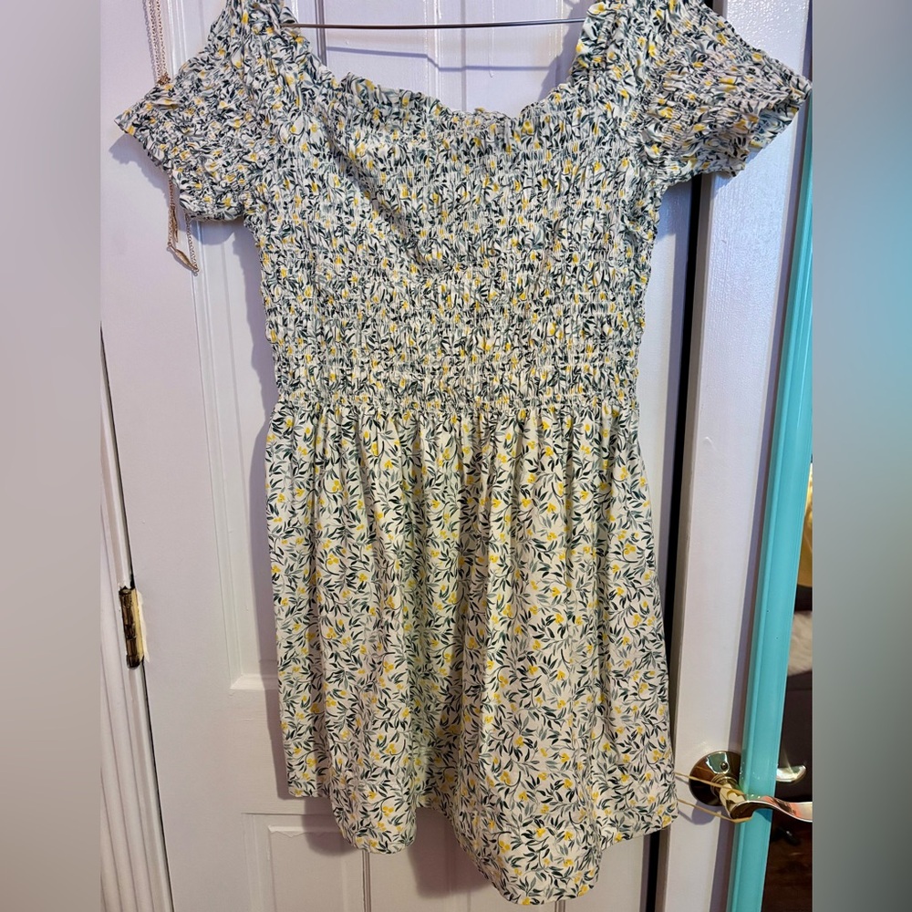 H&M Cream Green Yellow floral Smocked Mini Dress with Puff Sleeves XL